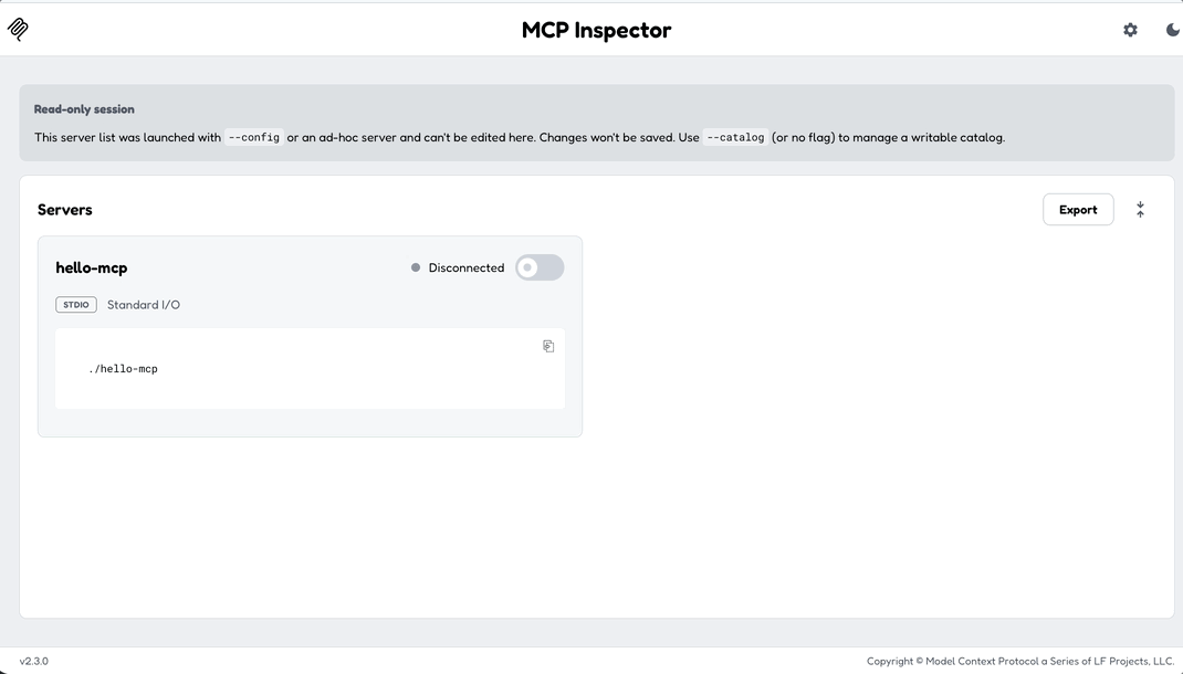 Hello World server in MCP Inspector